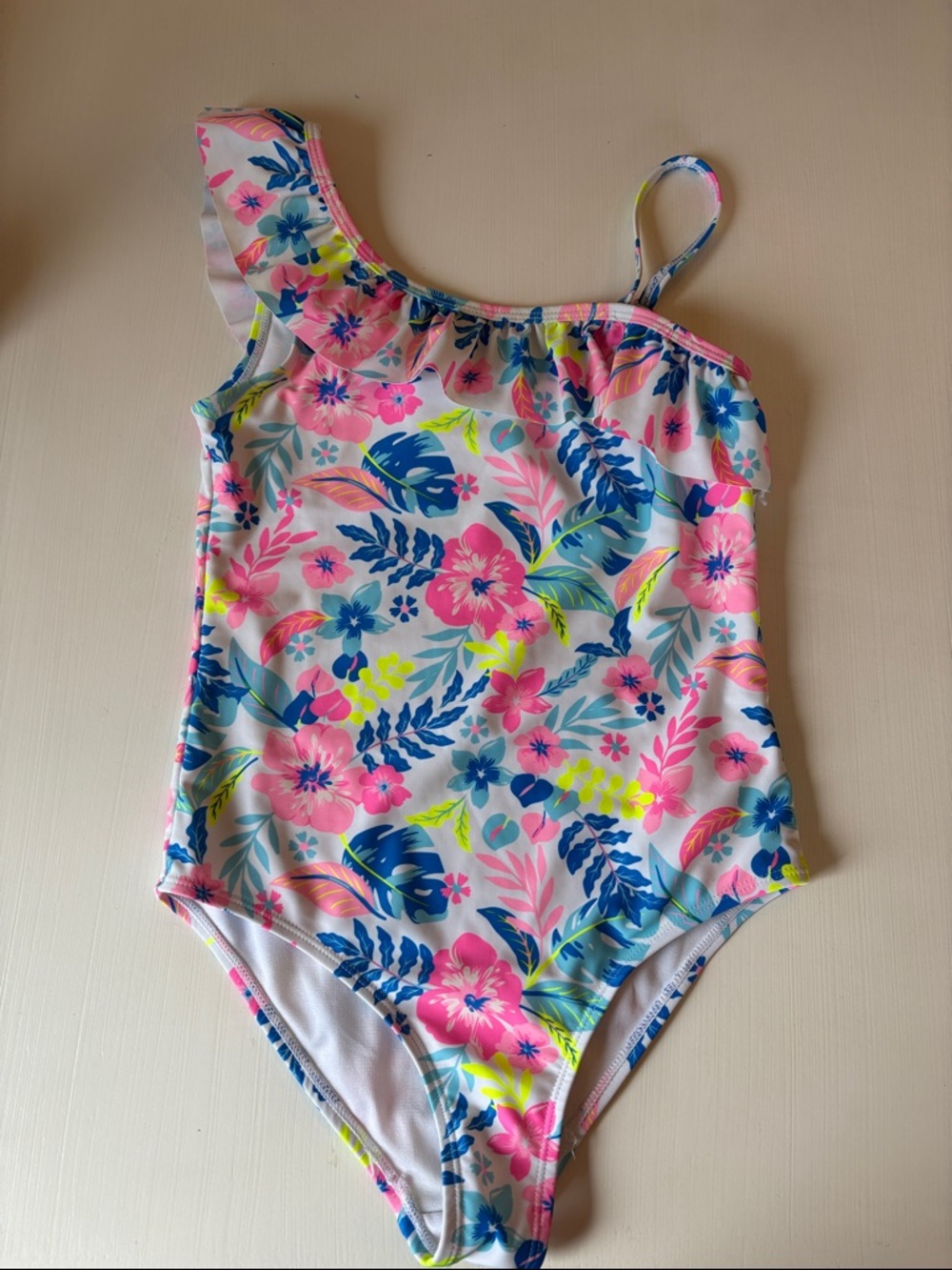 Tommy Bahama One-Shoulder Floral Ruffle Swimsuit - Pink, Blue & Neon Yellow